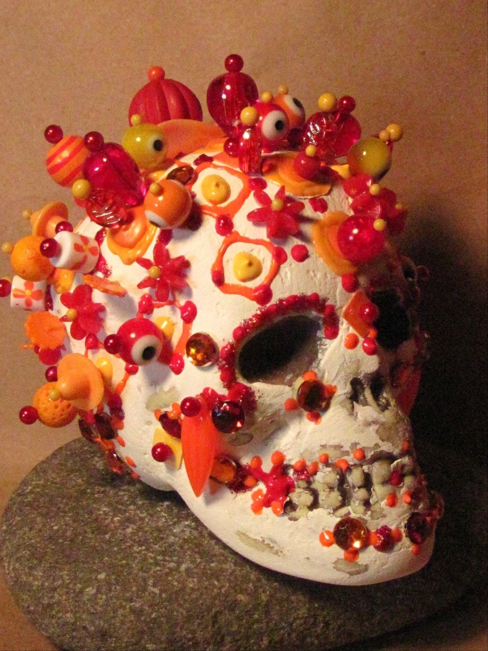 No. 14  OOAK Day of the Dead art sugar SKULL Eyes Dia de los Muertos 4"