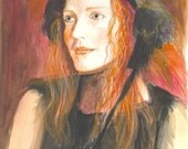 Portrait Painting - original   watercolor gouache painting - portrait - long hair - ginger - red head - original painting