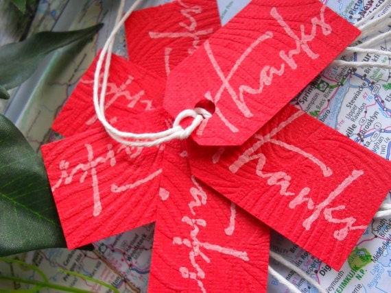 6 Coral Red Textured Thank you Tags