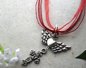 Freedom Heart and Cross on Red Organza Charm Necklace
