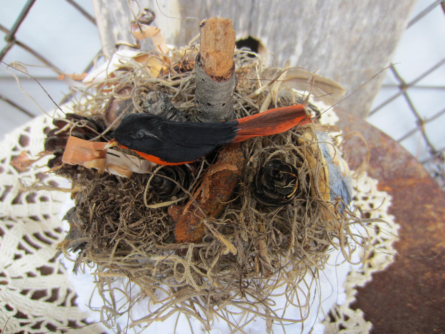 Birds Nest  Vintage Chenille Shabby Chic Beach Rustic Assemblage Mixed Media Art