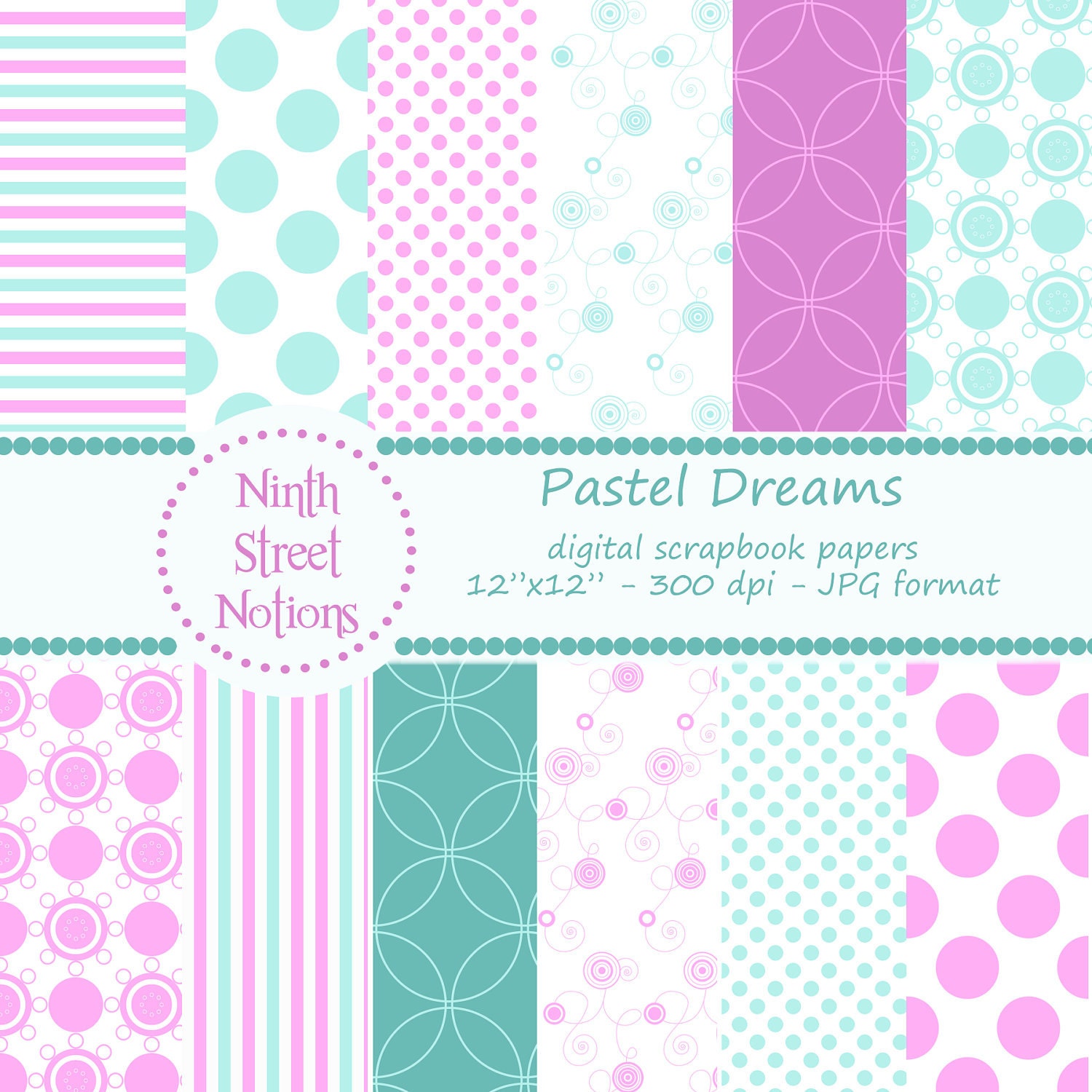 Teal and Lavender Patterned Digital Scrapbook Papers 12x12 - for invitations, blog design, photographers