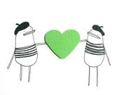 Cute Fathers Day Card, Love Greeting Card, I Love You, Poosac French Twins with Green Heart, Spring, Nature, Paris, Ooh La La