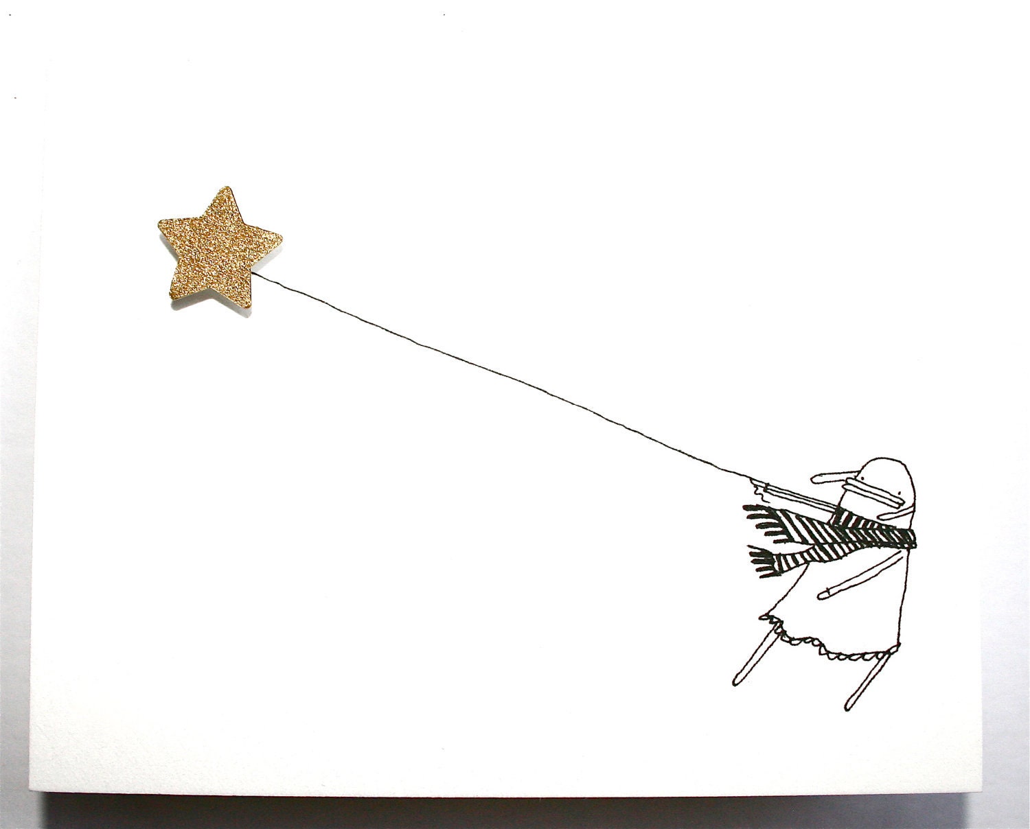 Birthday Card, Greeting Card, Hand-Finished, Art Card, Quirky Illustration - Windy Day Poosac with Gold Star Balloon