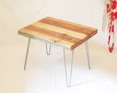 modern reclaimed wood side table with steel hairpin legs and raw edge