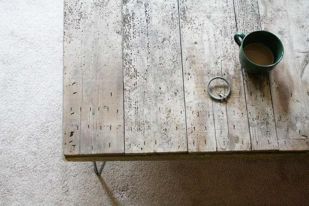 modern industrial wood coffee table, from reclaimed old growth wood and steel hairpin legs XL