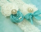 Tiffany Blue Bridal Garter Set Vintage Wedding Toss Garter too Blue and White or Ivory lace with Rhinestones  Pearls  Custom Wedding colors