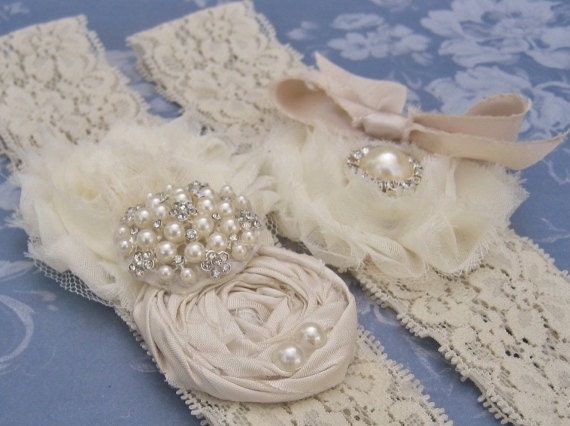 Wedding Garter / Vintage Bridal Garter Set Toss Garter included Ivory with Rhinestones and Pearls Custom Wedding colors