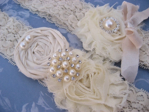 Vintage Bridal Garter Wedding Garter Set Toss Garter included  Ivory with Rhinestones and Pearls  Custom Wedding colors