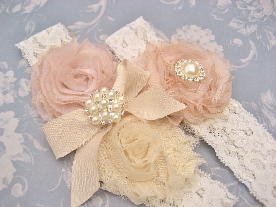 SALE - Bridal Garter Heirloom Rose Wedding Garter Set with Toss Garter Heirloom Rose and Tea Stained Ivory with Rhinestones and Pearls