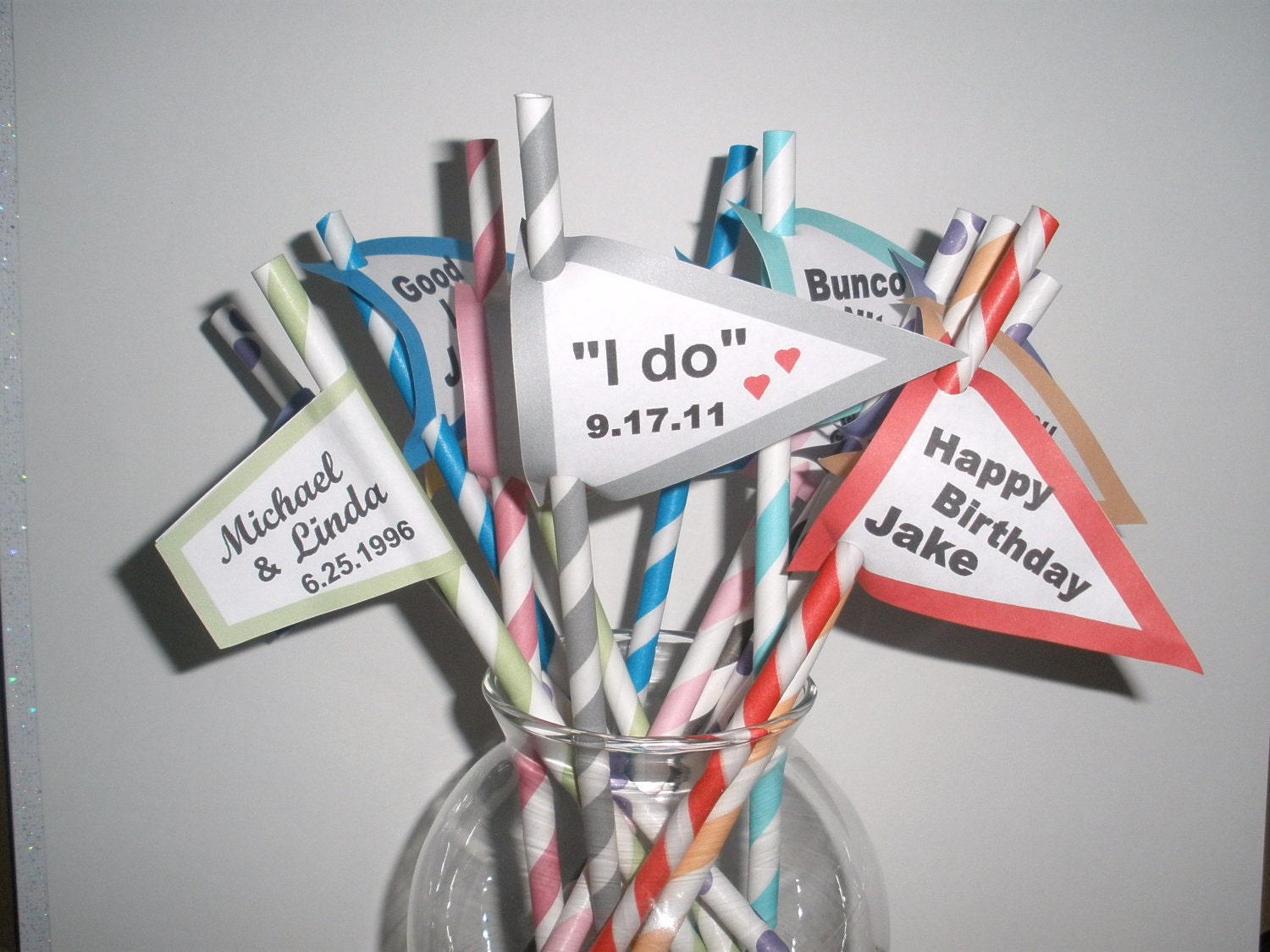 60 Pink Stripe & Aqua/Turquoise Stripe Paper Straws w/ Blank Printable Pennants