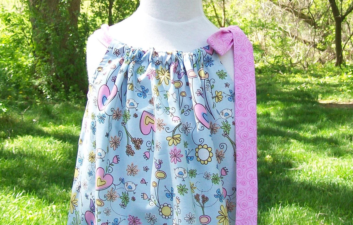 Girl's Infants Toddlers Pillowcase Dress - Light Blue Birds, Hearts and Flowers