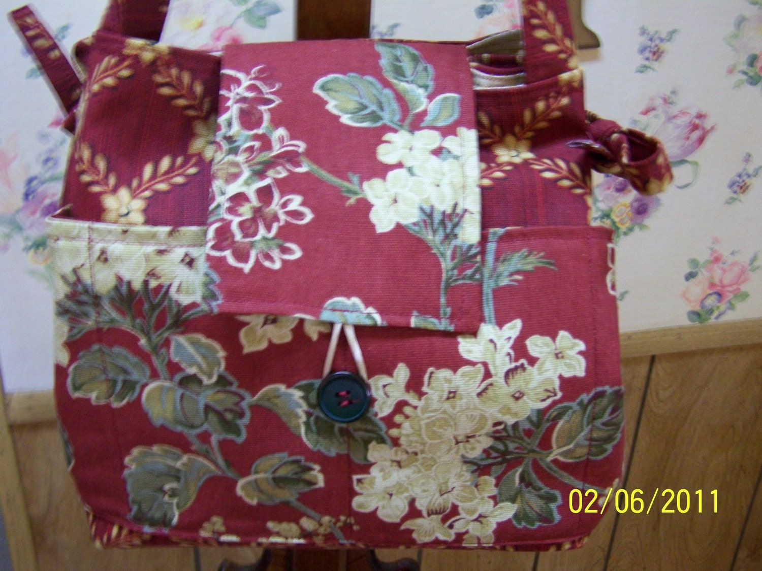 Floral Purse, Burgundy Bag, Tote, Cottage Chic, Burgundy Gold Green, Shabby Vintage Floral, Summer, Free Shipping, Walker Bag