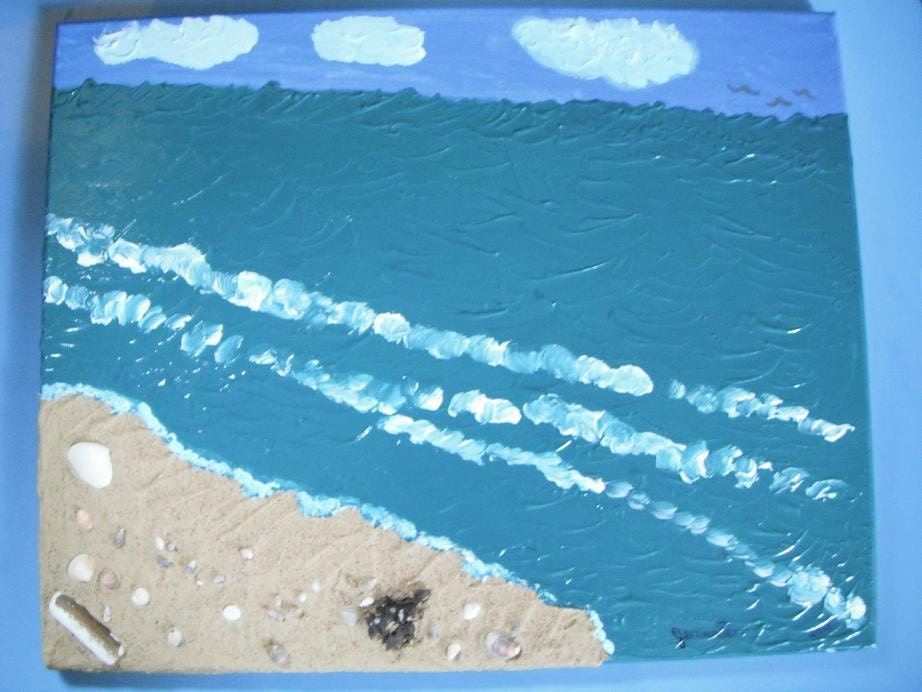 Beach Memories mixed media acrylic  painting  real beach sand and shells