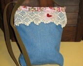 Vintage lacy denim bag with a tiny red heart and pink floral lining