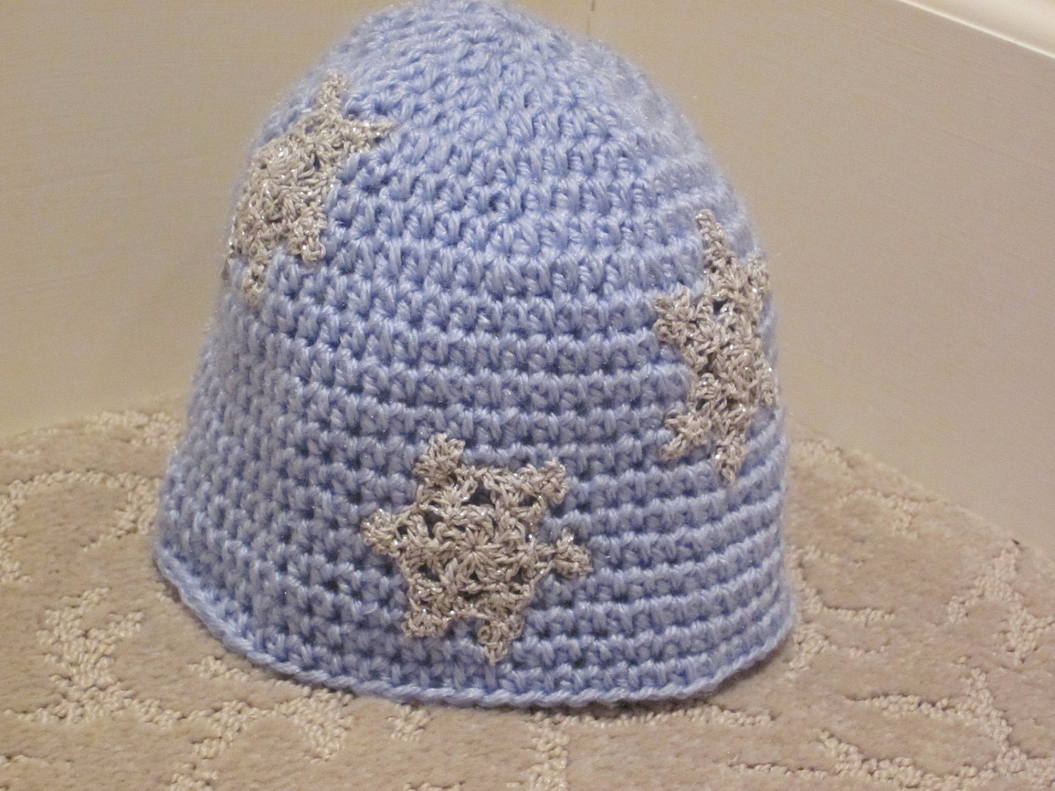 Periwinkle Baby Hat with Silver Snowflakes