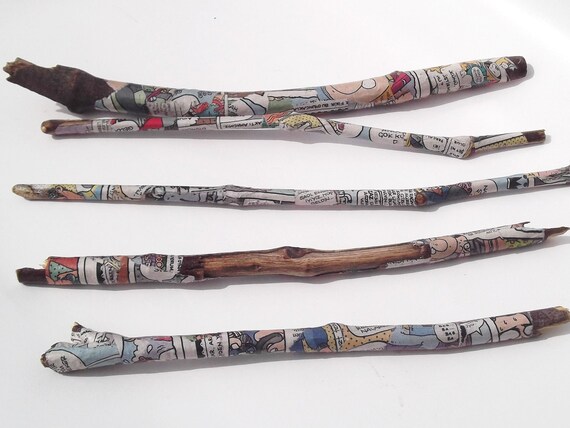 Repurposed branches, paper decoupaged sticks, wood home decor, geeky upcycled wood, funky