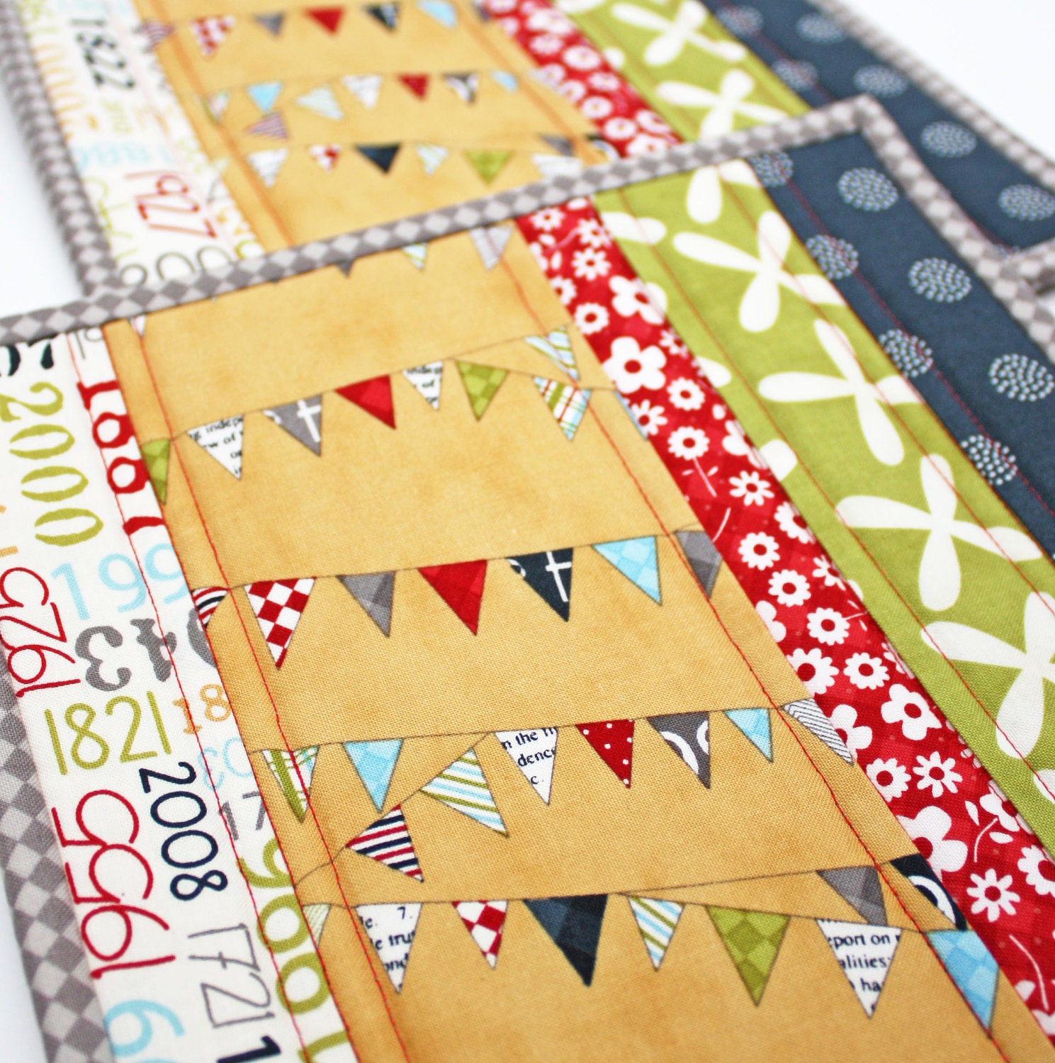 Bunting Celebration- Handmade Quilted Potholders - Set of Two