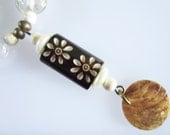 Necklace, Carved Wood Look with Shell Discs and Glass Beads