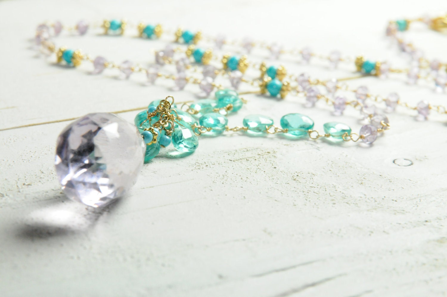 Apatite and Pink Amethyst Statement Strand Necklace/Statement Bridal Jewelry/Statement Bridal Necklace