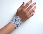 Flower Jewelry, Crochet fashion cuff bracelet, floral pattern, dove gray, winter grey