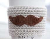 Hand crocheted coffee cosy cozy, brown mustache  on a silver gray sleeve, valentine gift for him her