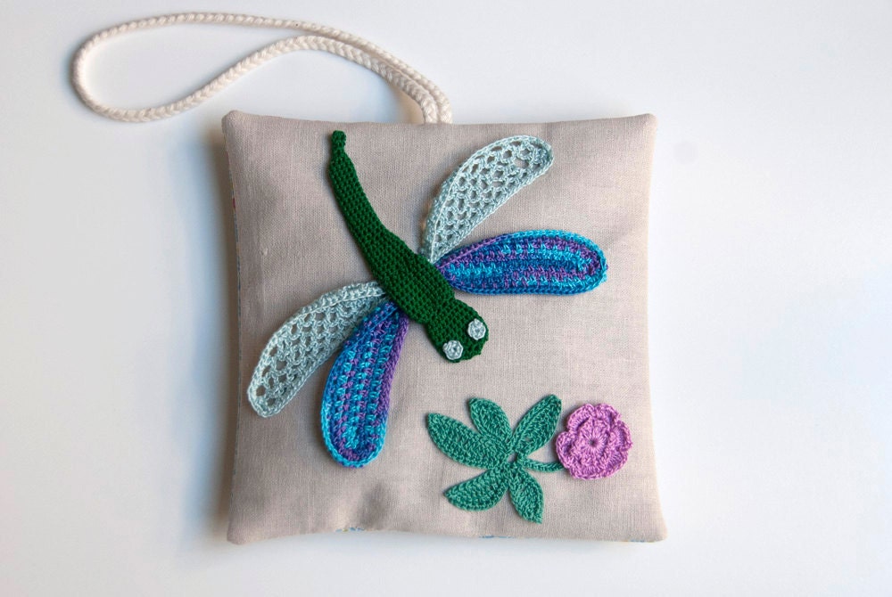 Lavender sachet pillow, hand crocheted dragonfly and flower applique shabby chic home decor