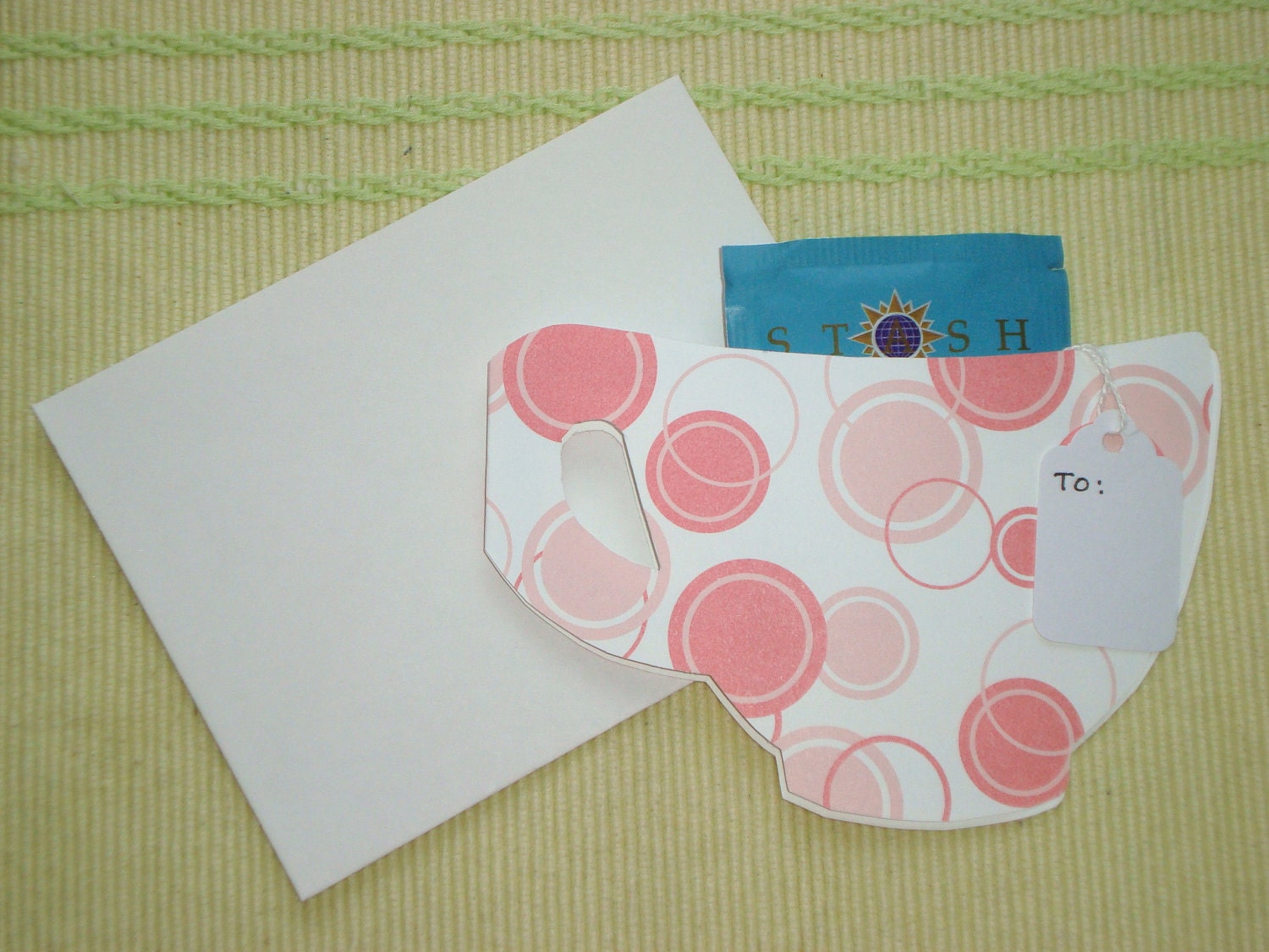 Tea Cup Die Cut Card With Tea Bag, Tag And Coordinating Envelope.