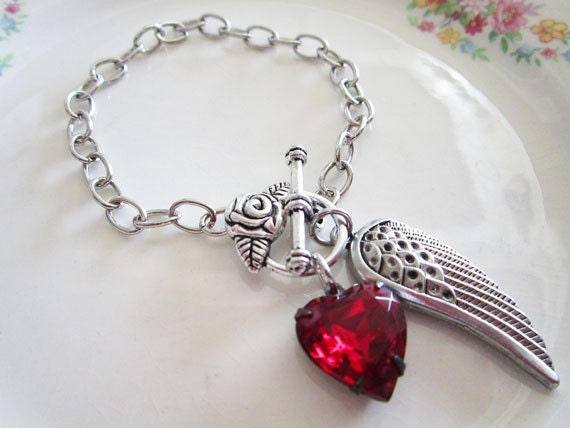 Red Heart Bracelet Angel Wing Bracelet Ruby Swarovski Crystal Charm Bracelet - Mothers Day