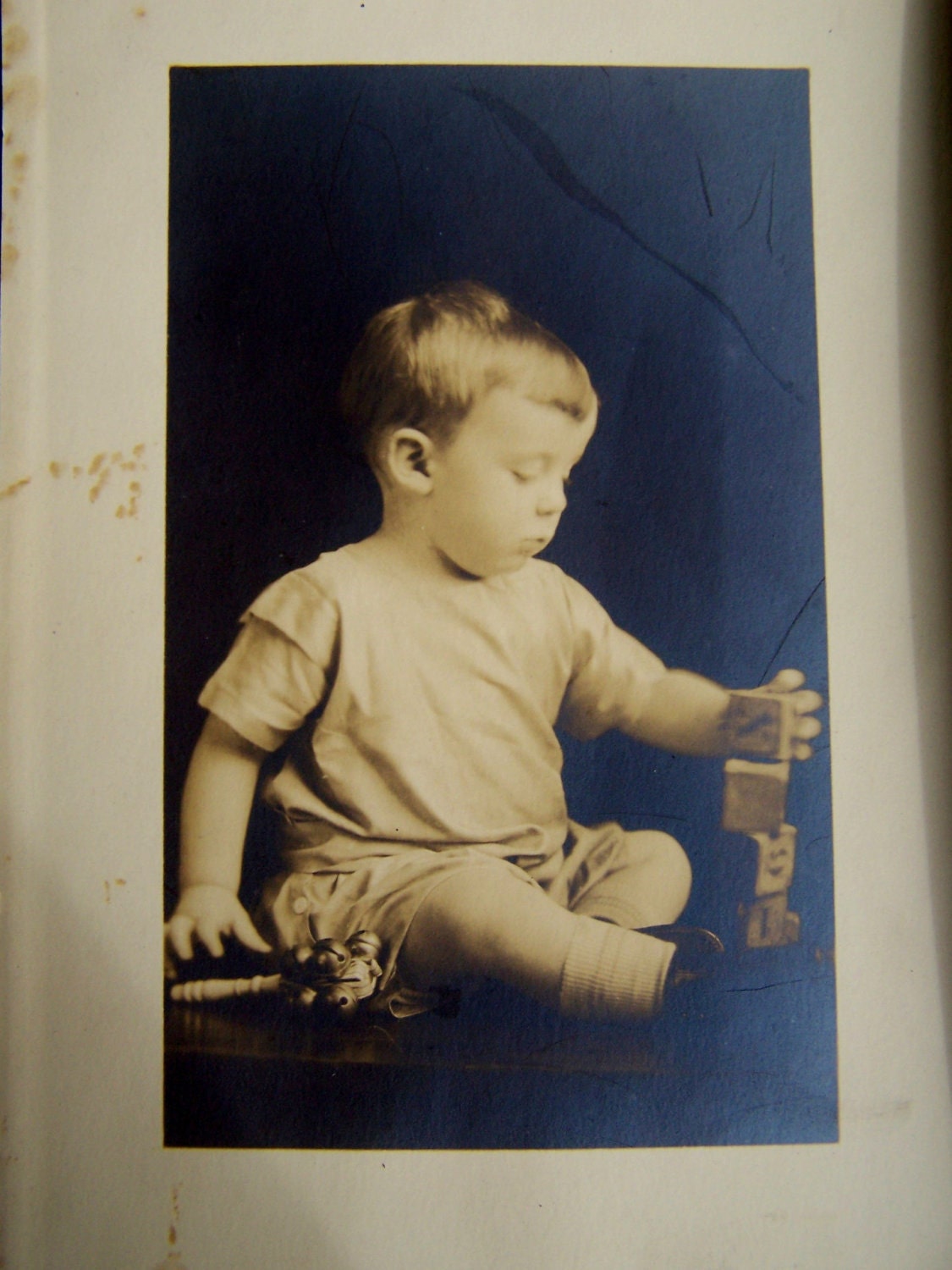 Vintage Sweet Toddler Boy with Blocks Black and White Photograph