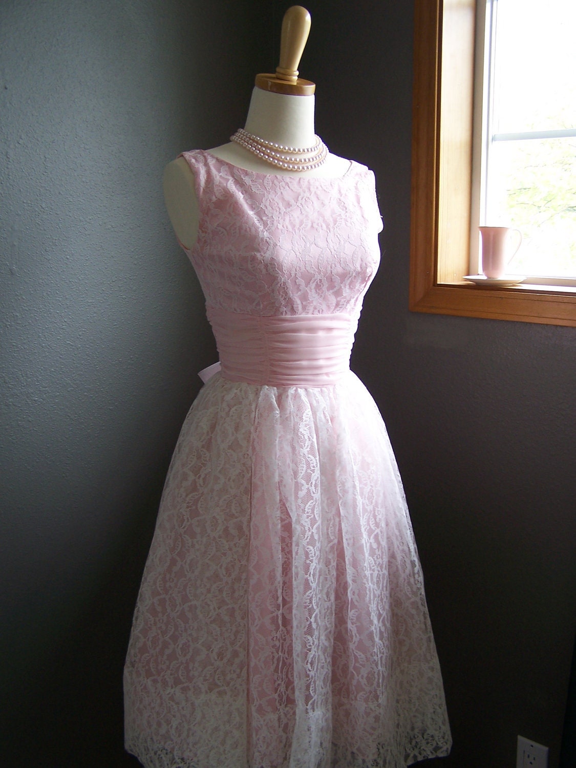 1950s 60s Vintage Pink Lace Tea Length Prom Party Dress Peggy Sue XS/Small
