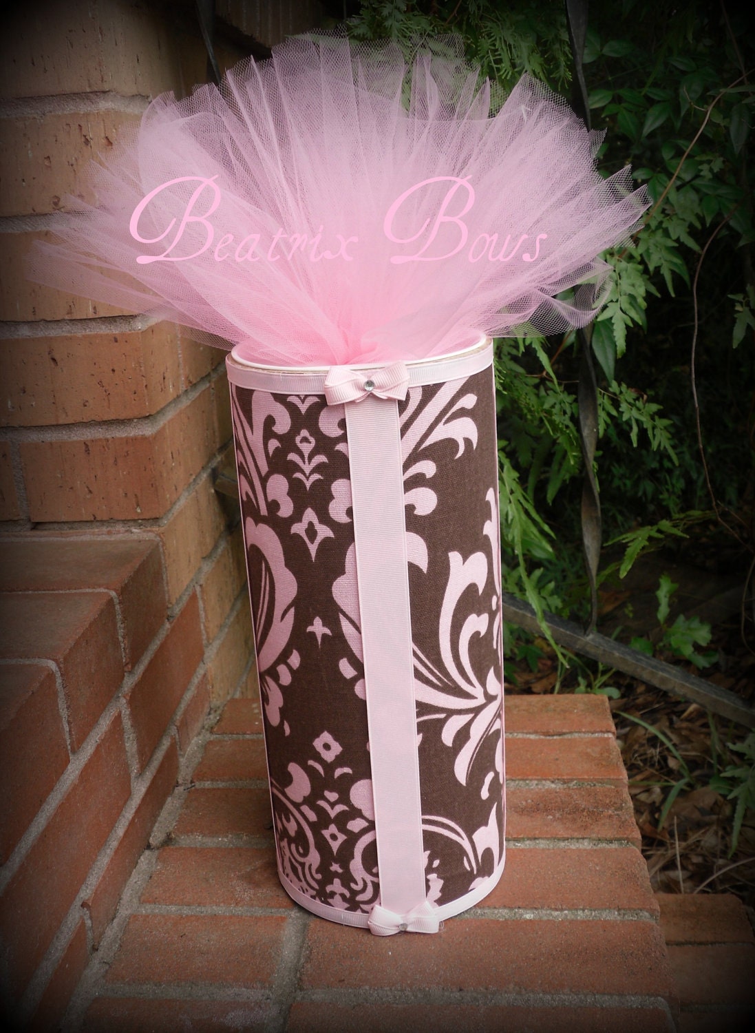 Pink and Brown Damask Bow Holder Stand Crochet Hard Headband Storage