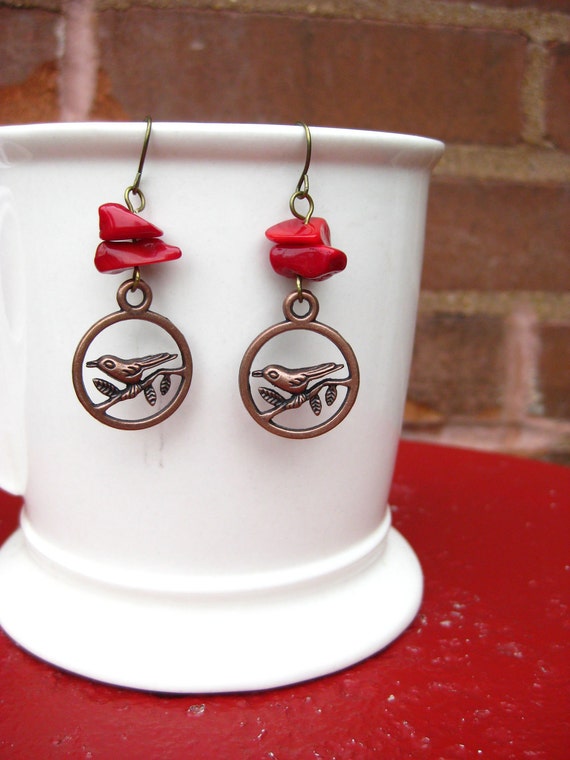 Bird Earrings, Red Coral, Lovebirds