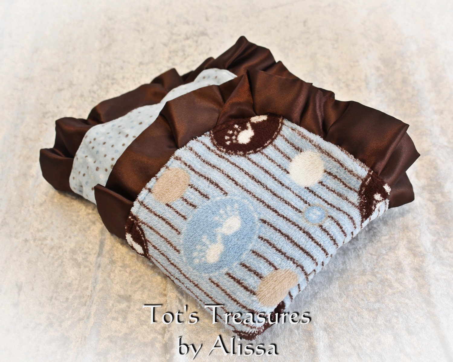 Handprint and Footprint  Baby Blanket...Minky and Blue Dot Flannel...ready to ship