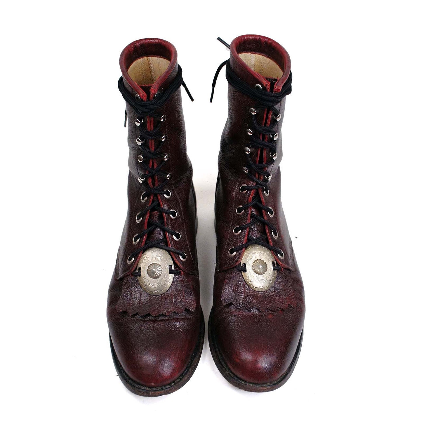 Southwestern Medallion Lacers / Black Cherry Pebbled Leather / Lace up Roper Boots by JUSTIN for Women's size 7