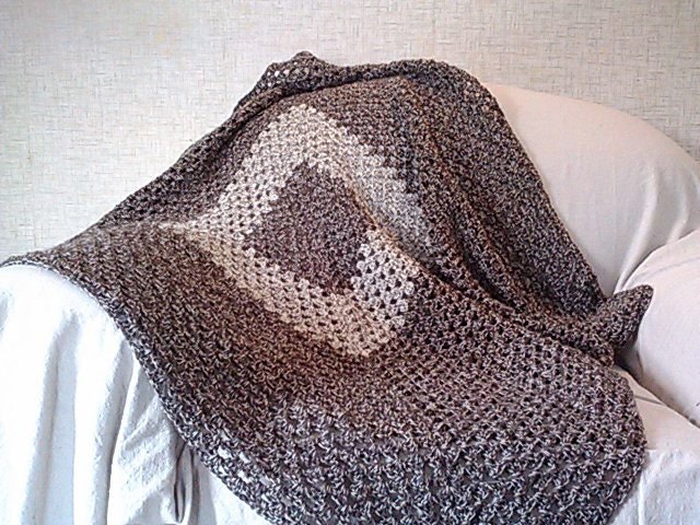 Natural UNDYED Wool Brown Tan Cream Rustic Giant Granny Square Afghan