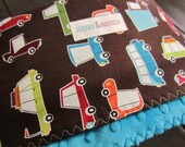 Baby Minky Blanket, On the Move with Turquoise Minky Dot- READY TO SHP