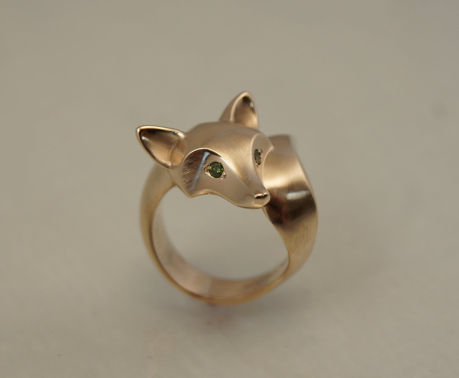 fox ring  with colored diamond eyes, bright satin finish , pick your color