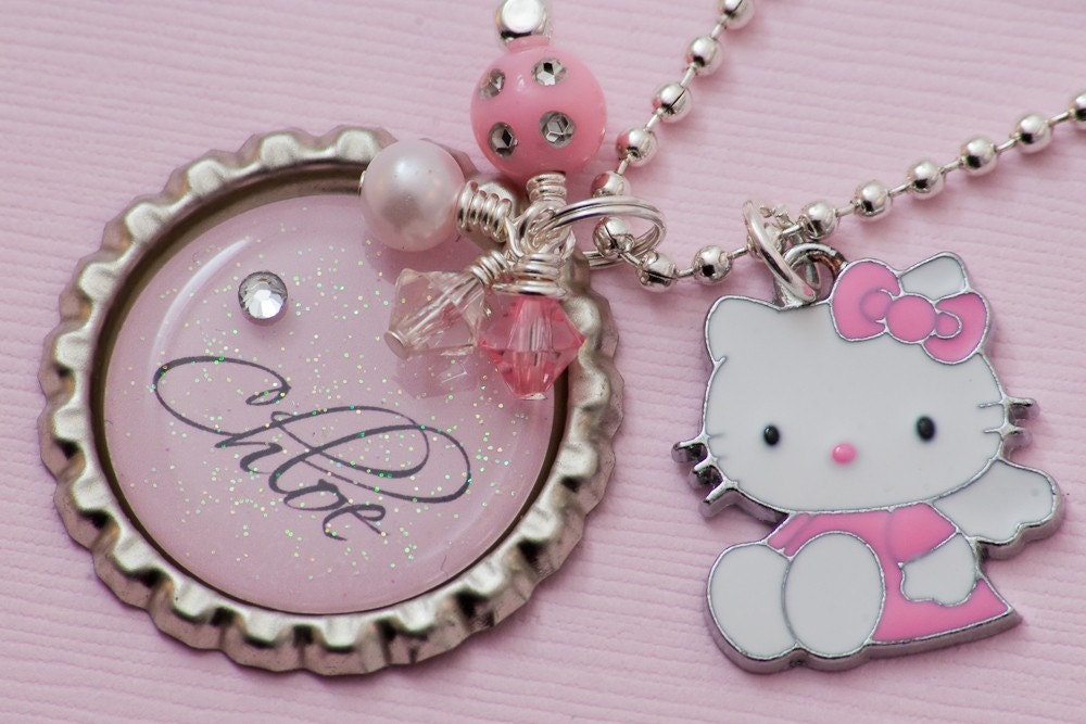Girl's Personalized Name Initial Bottlecap Bottle Cap Pink Hello Kitty Charm Pendant Necklace