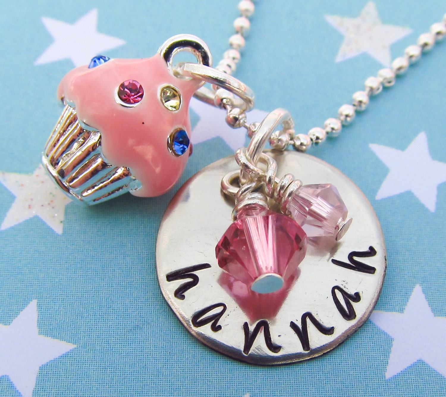 Girl's CUPCAKE Personalized Name Initial Hand Metal Stamped Pink Strawberry Pink  Cupcake Charm Pendant Necklace Easter Basket