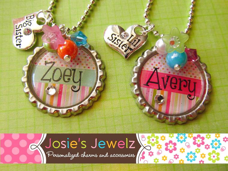 TWO NECKLACES Girl's Personalized Bottlecap Bottle Cap Pink Lil Little Big Sis Sister Charm Pendant Necklace Easter Basket