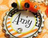 Personalized Girl's or Boy's Halloween Pumpkin Candy Corn Bottle Cap Necklace