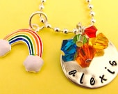 Girl's Personalized Name Initial Hand Metal Stamped Swarovski Crystal Rainbow Charm Pendant Necklace Gift Present Party Favor Easter