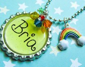 Personalized Name Initial Bottlecap Bottle Cap Swarovski Crystal Rainbow Yellow Charm Pendant Necklace Christmas Present Stocking Stuffer