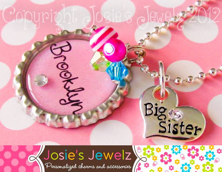 Personalized Girl's Charm Necklace Pink Big Sister Little Sister Bottle Cap Children's Jewelry Easter Basket Present Gift
