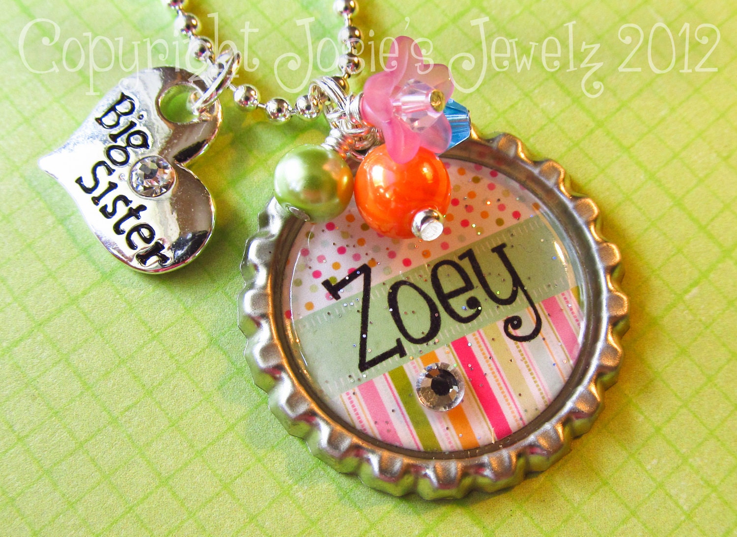 Personalized Girl's Pink Big Sister Little Sister Bottle Cap Necklace Easter Basket Gift Present