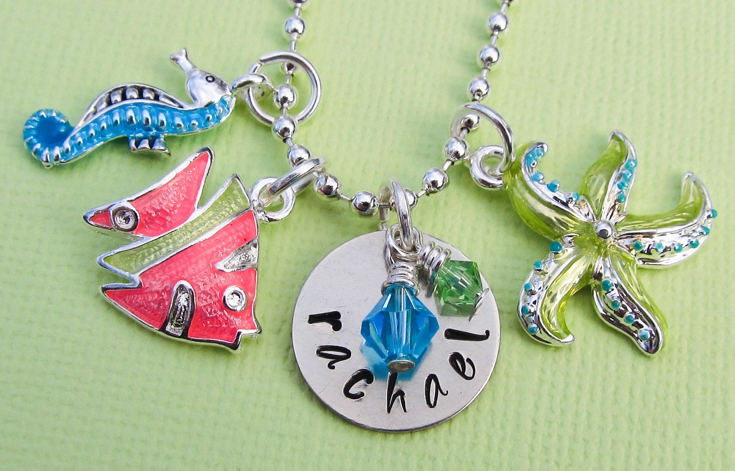 Easter basket Personalized Name Hand Metal Stamped Pink Fish Blue Seahorse Starfish Tropical Beach Ocean Sealife Swarovski Charm Necklace