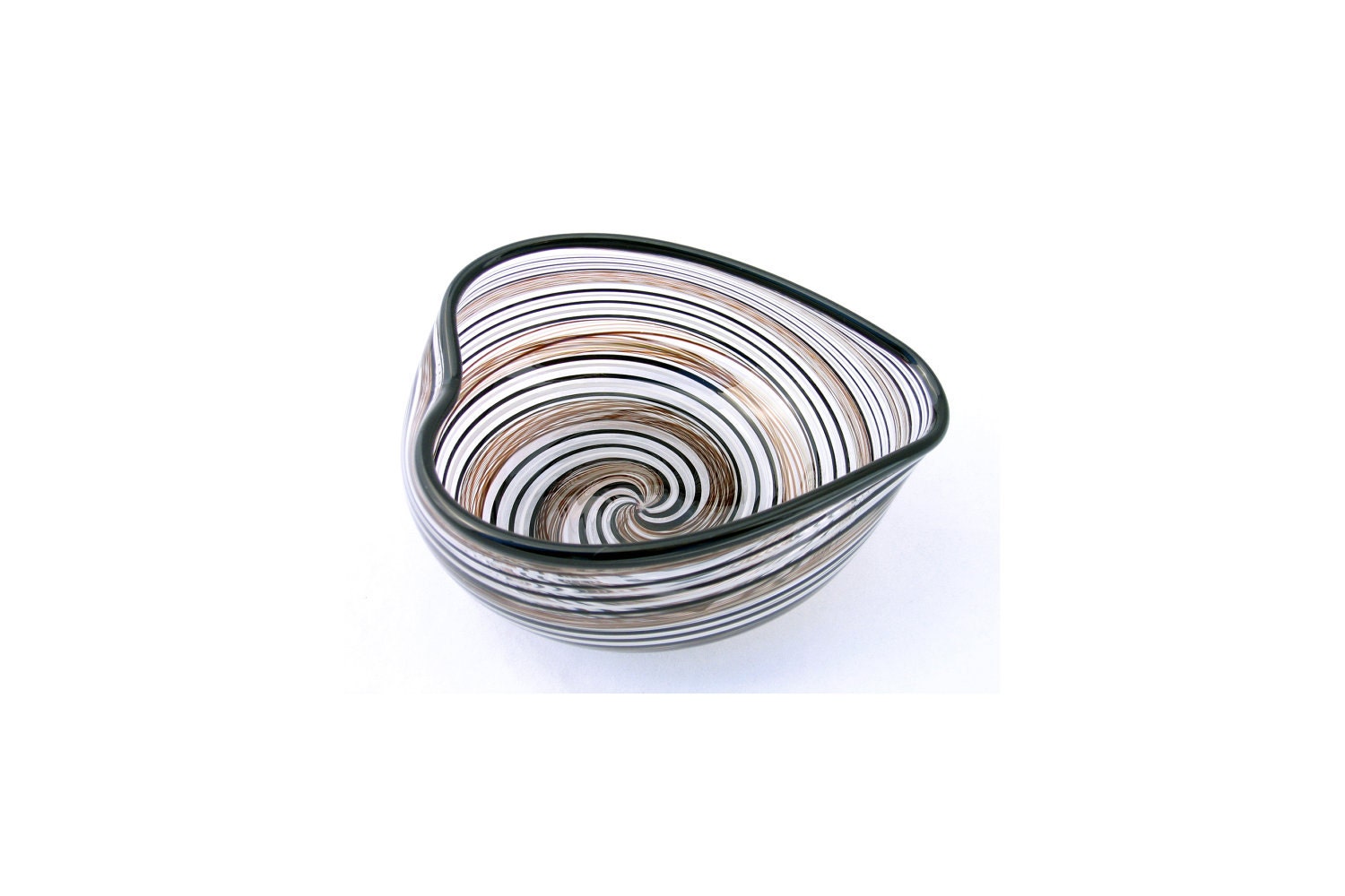 Glass Heart Bowl Venetian Style Black and White Striped Glass Mod Modern Wedding Gift - AvolieGlass