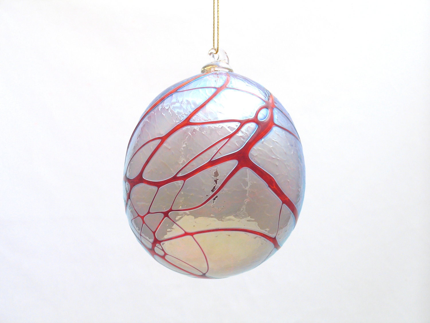 Blown Glass Ornament Suncatcher Ball Orb Metallic Silver Red