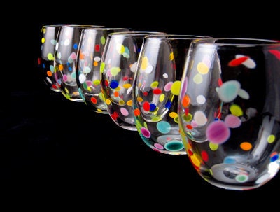 Blown Glass Tumbler Set  Retro Bright Polka Dot Juice Glasses Fun Whimsical